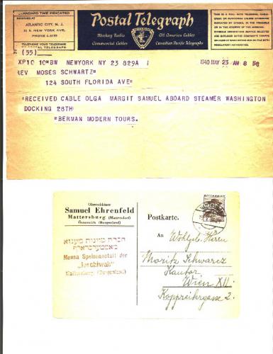 Telegram, 1940 The Schwartz children departed on the USS Washington, from Genea, Italy, bound for NYC